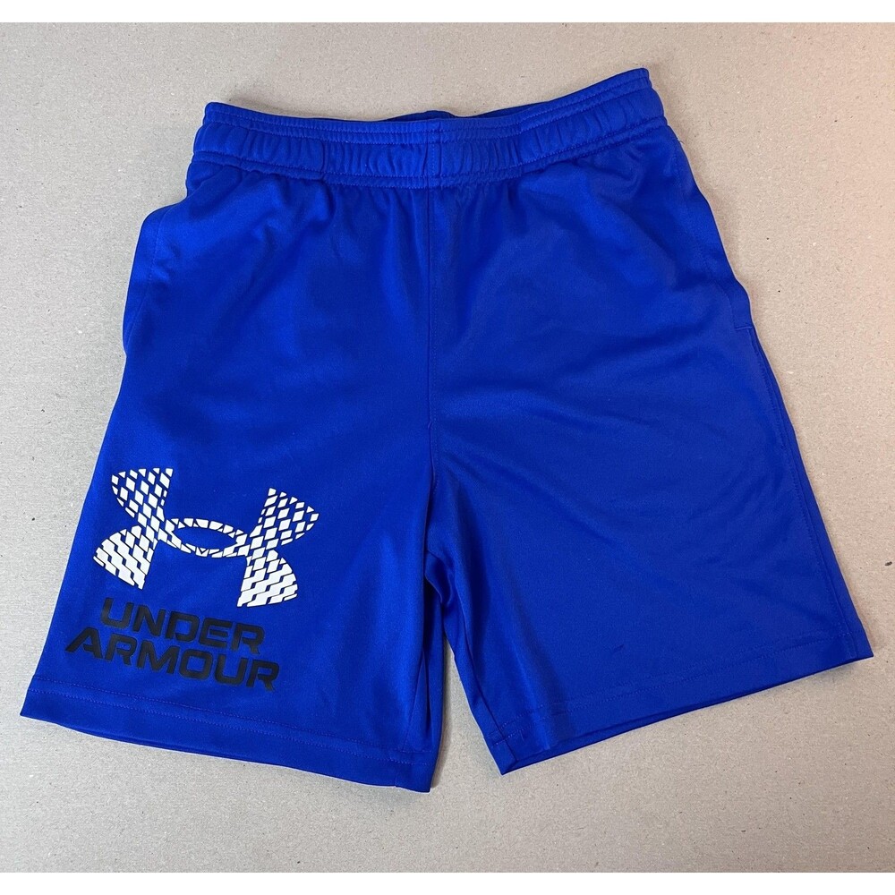 Under Armour Shorts Boys 7 Blue Logo Graphic Elastic Waist Athletic Gym Training